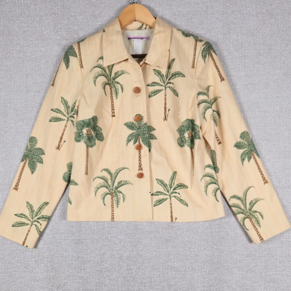 Maggy London Vintage Palm Tree Jacket Size 8 Cream Tropical Cotton Blazer USA